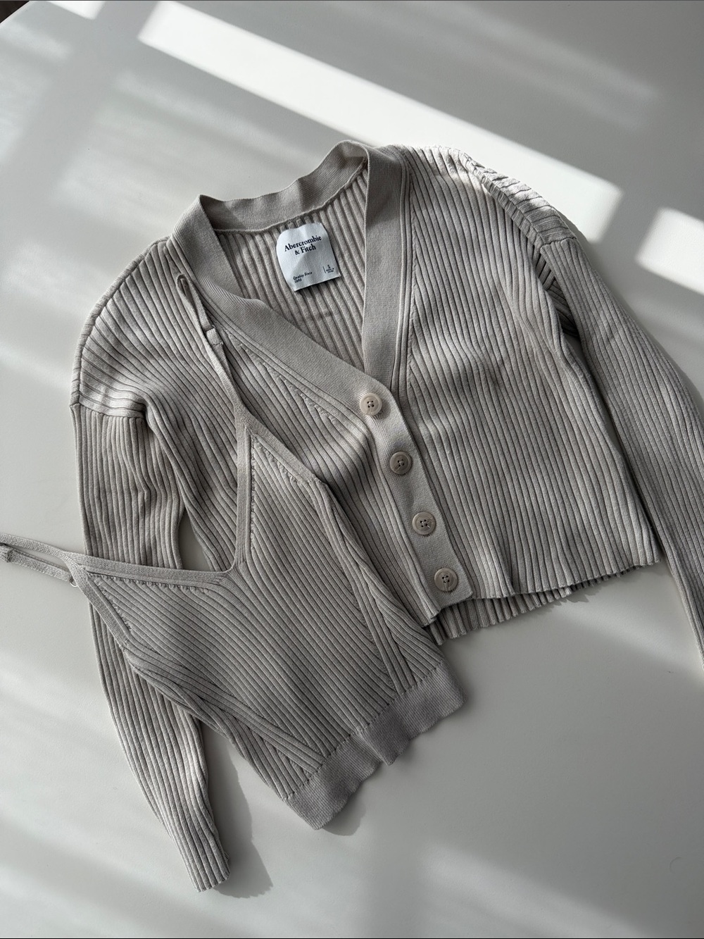 Abercrombie & Fitch Ribbed Crop Cardigan and Tank Set - Light Taupe